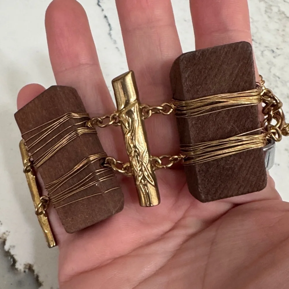 Handmade Brown Wood and Gold Wrapped Bracelet